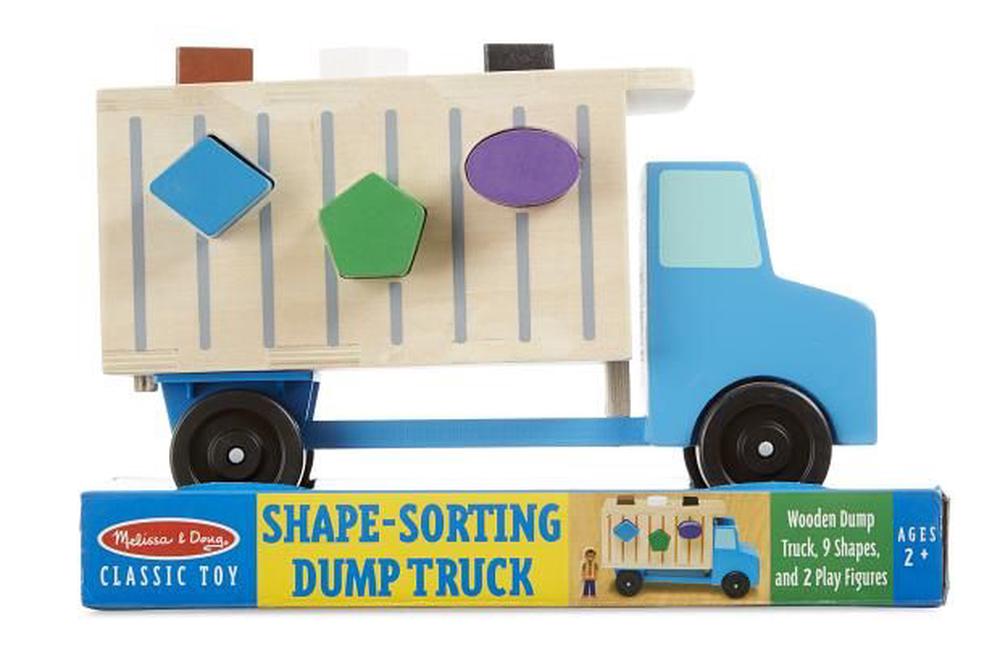 Melissa & Doug Shape-Sorting Wooden Dump Truck Toy With 9 Colorful Shapes and 2 Play Figures, 0000772093972