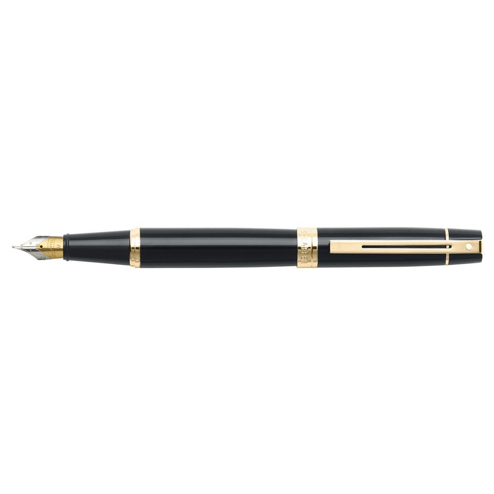300 Glossy Tone Trim Medium Fountain Pen (Black/Gold), 0074040542868