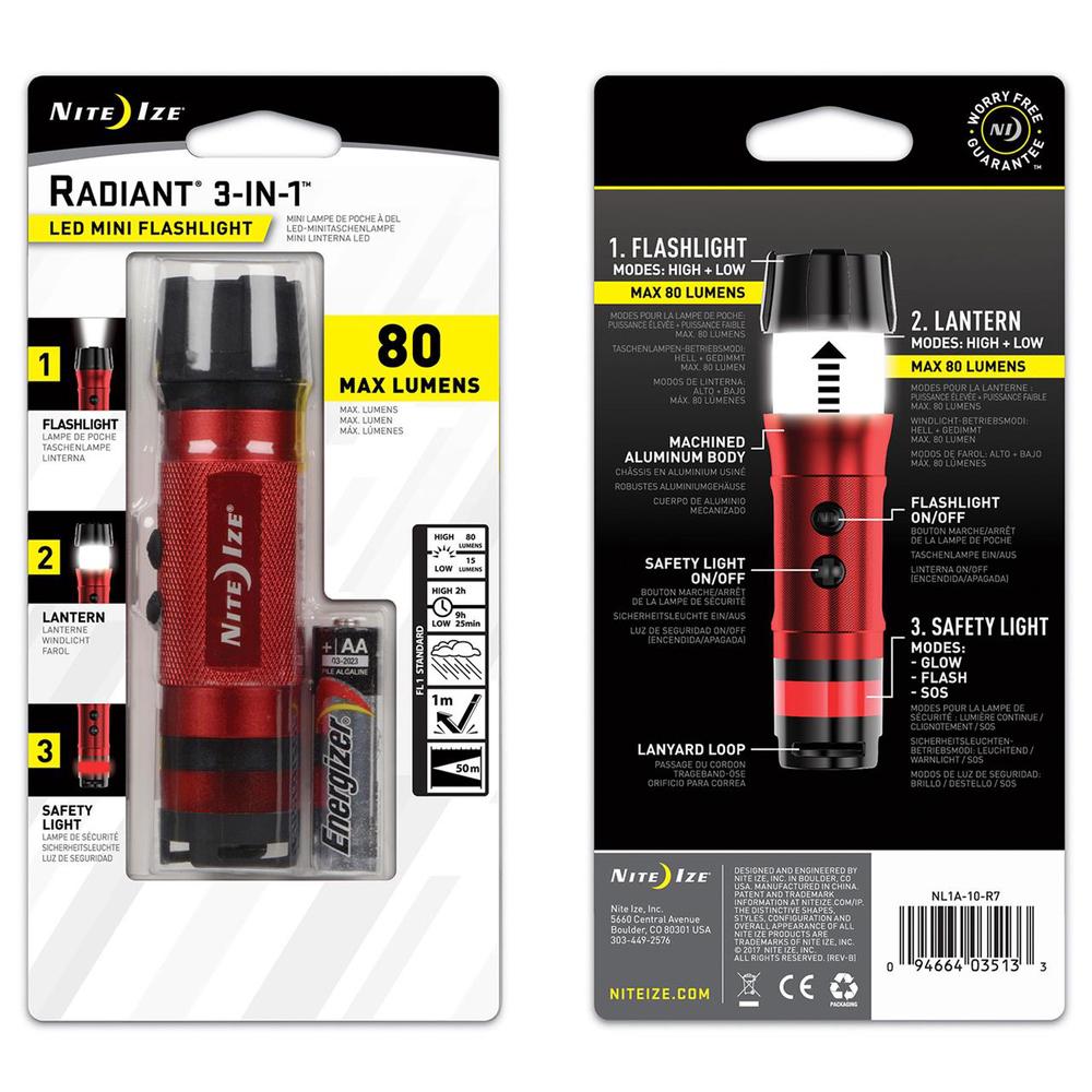 Radiant 3-in-1 LED Mini Flashlight (Red), 0094664035133