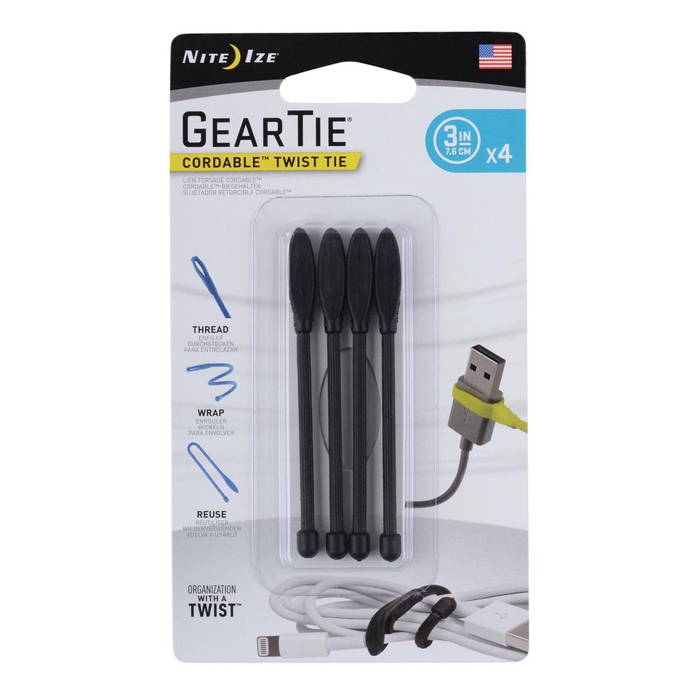 Nite Ize Gear Tie Cordable Twist Tie, Pack of 4 (Black) - 3 inches, 0094664037175
