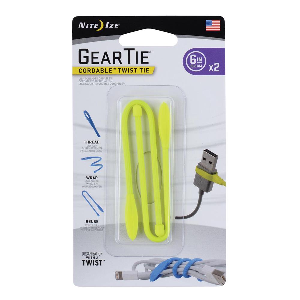 Nite Ize Gear Tie Cord-Twist Tie, Pack of 2 (Neon Yellow) - 6 inches, 0094664037205