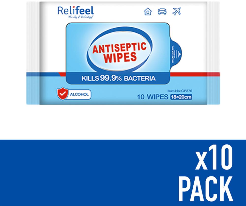 ReliFeel Antibacterial Wipes Travel Pack, 10 x 10 Pack 18cm x 20cm