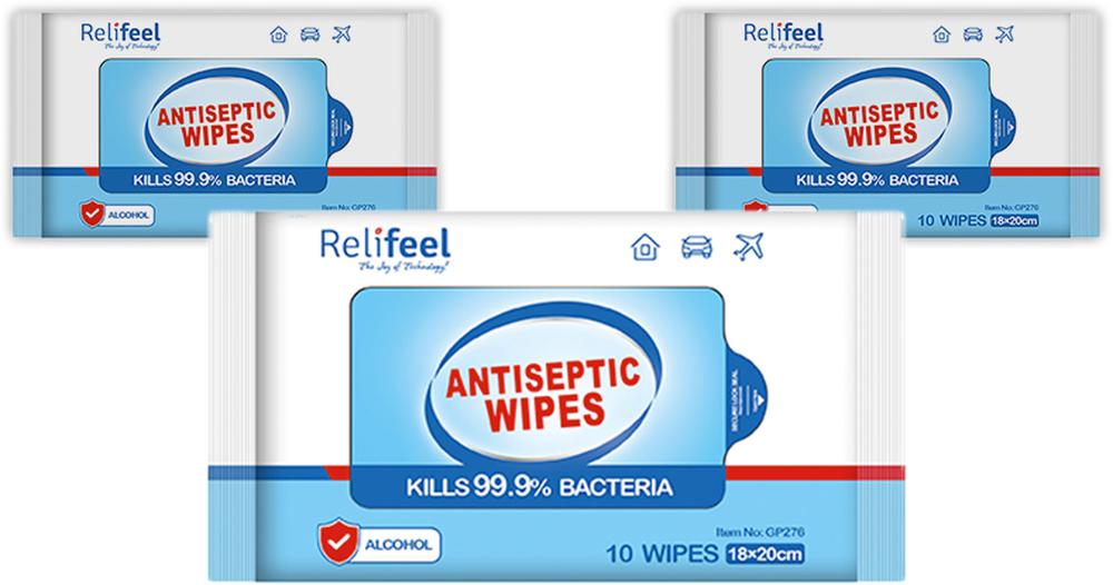 ReliFeel Antibacterial Wipes Travel Pack, 3 x 10 Packs 18cm x 20cm