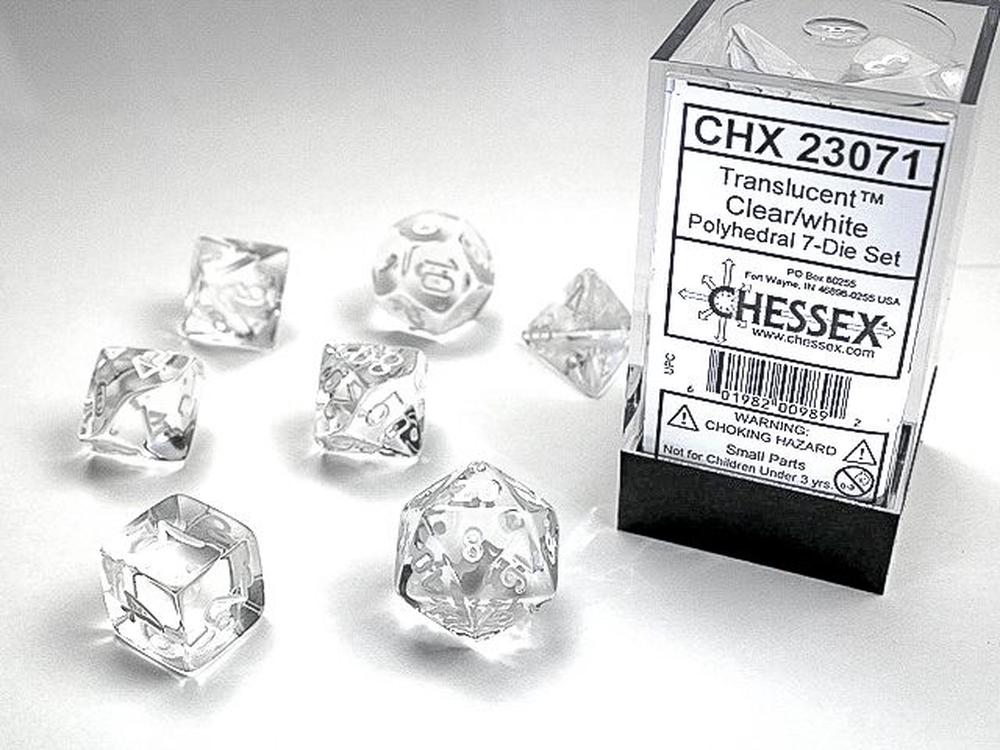 Chessex Translucent Polyhedral Die Set, 7 Piece (Clear/White), 0601982009892