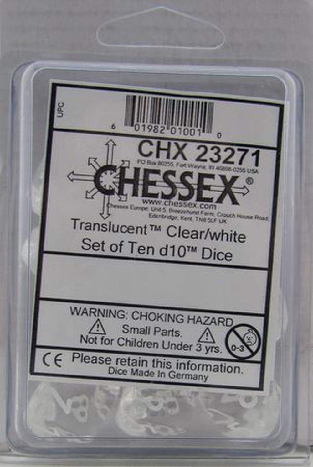 D10 Dice Translucent Clear/white Set of Ten d10s, 0601982010010