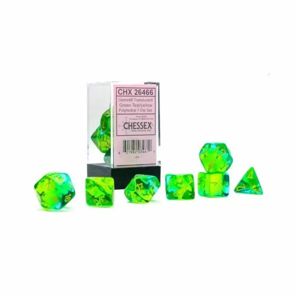 Chessex Gemini Polyhedral 7-Die Set (Translucent Green-Teal/Yellow Luminary), 0601982034610