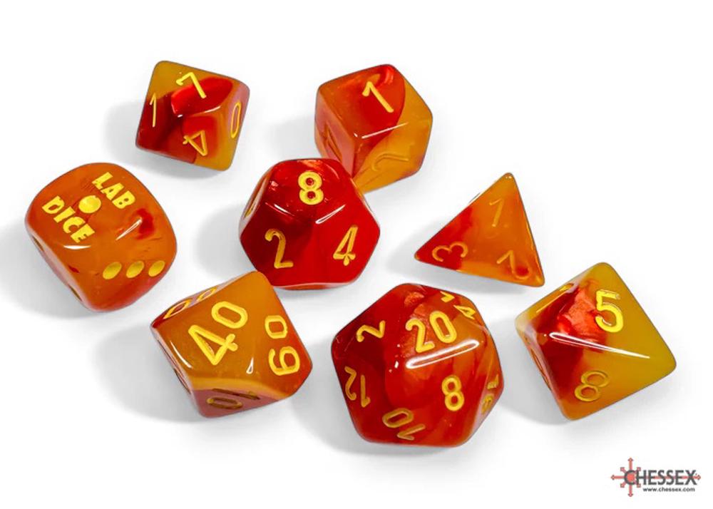 Chessex Polyhedral Lab Dice - 7D Gemini Gellow-Red/yellow Luminary (with Bonus Die), 0601982036744