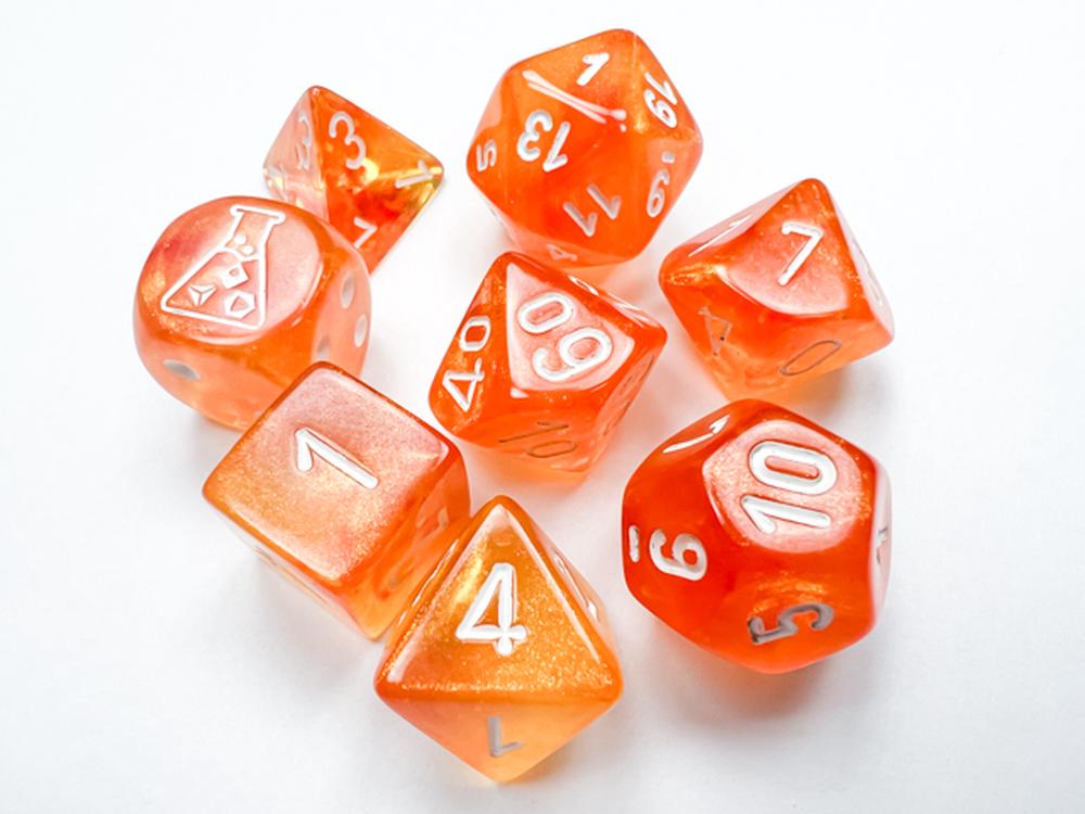 Polyhedral Lab Dice - 7D Borealis Blood Luminary Polyhedral Set (Blood Orange/White) w/ Bonus Die, 0601982038472