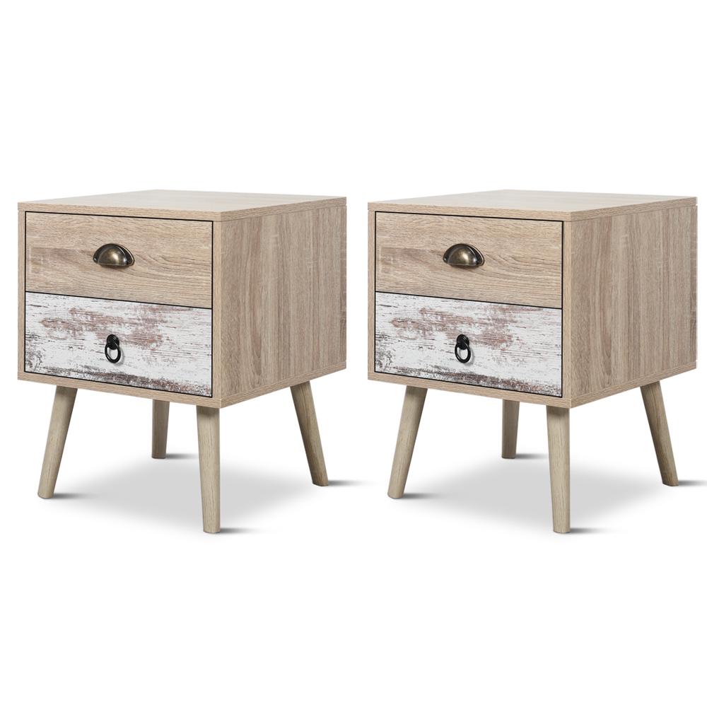 HelloFurniture Luka Bedside Table, 2 Drawer (White Washed and Oak), Set