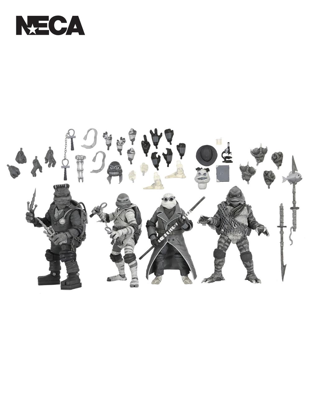 Neca TMNT X Universal Monsters Turtles Black & White Action Figures, 4 Pack - 7 Inch, 0634482544686