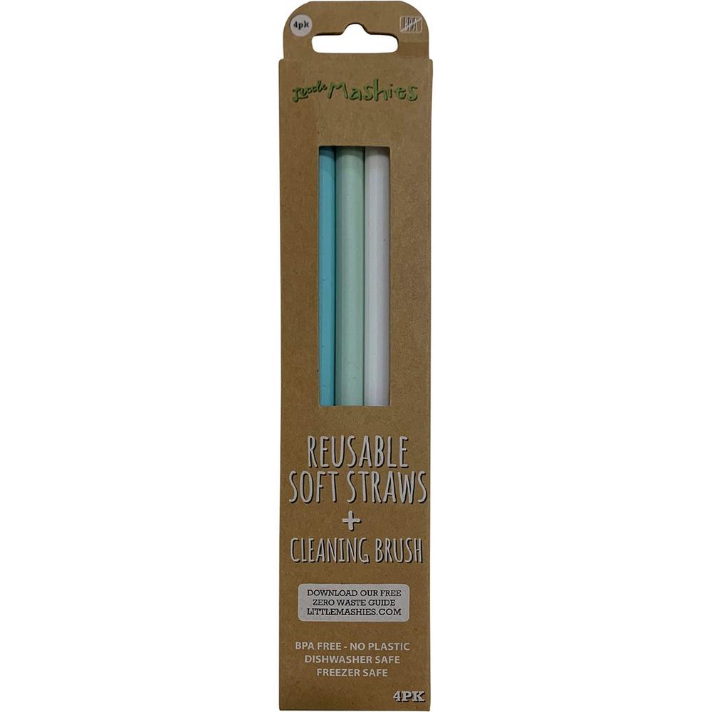 Reusable Soft Silicone Straws Pastel + Cleaning Brush, 4 Pack, 0644216123346