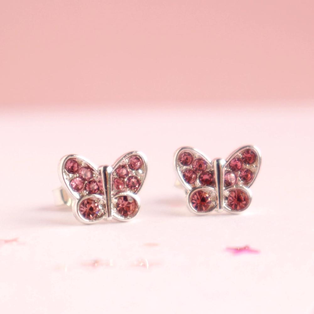 Pink Crystal Butterfly Earrings in Fairy Magic Trinket Box, 0726684061341