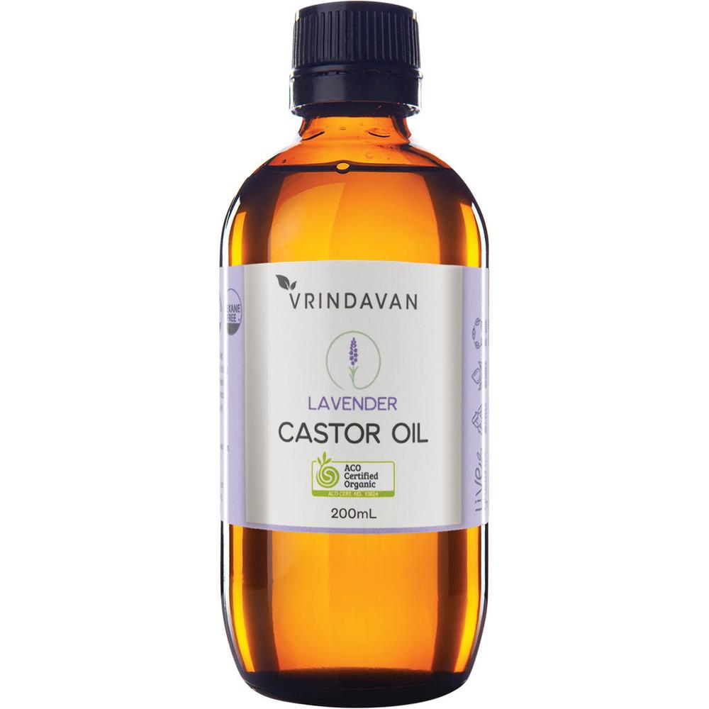 Vrindavan Castor Oil and Lavender Amber Glass Bottle - 200mL, 0731722043333