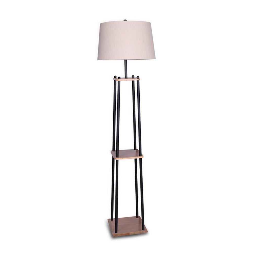 Sarantino Etagere Floor Lamp with Wood shelf & Cream Linen Fabric Shade