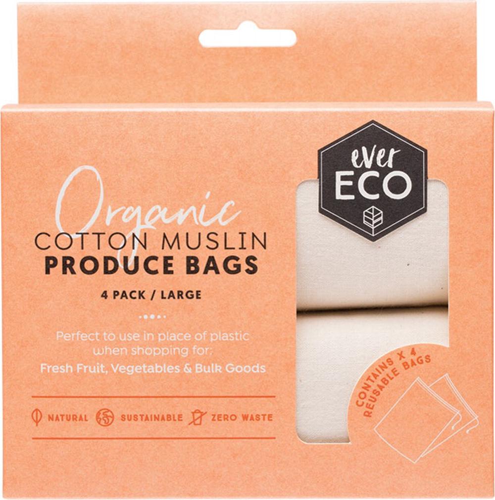 Reusable Produce Bags Organic Cotton, 4 Pack (Muslin), 0797776956388