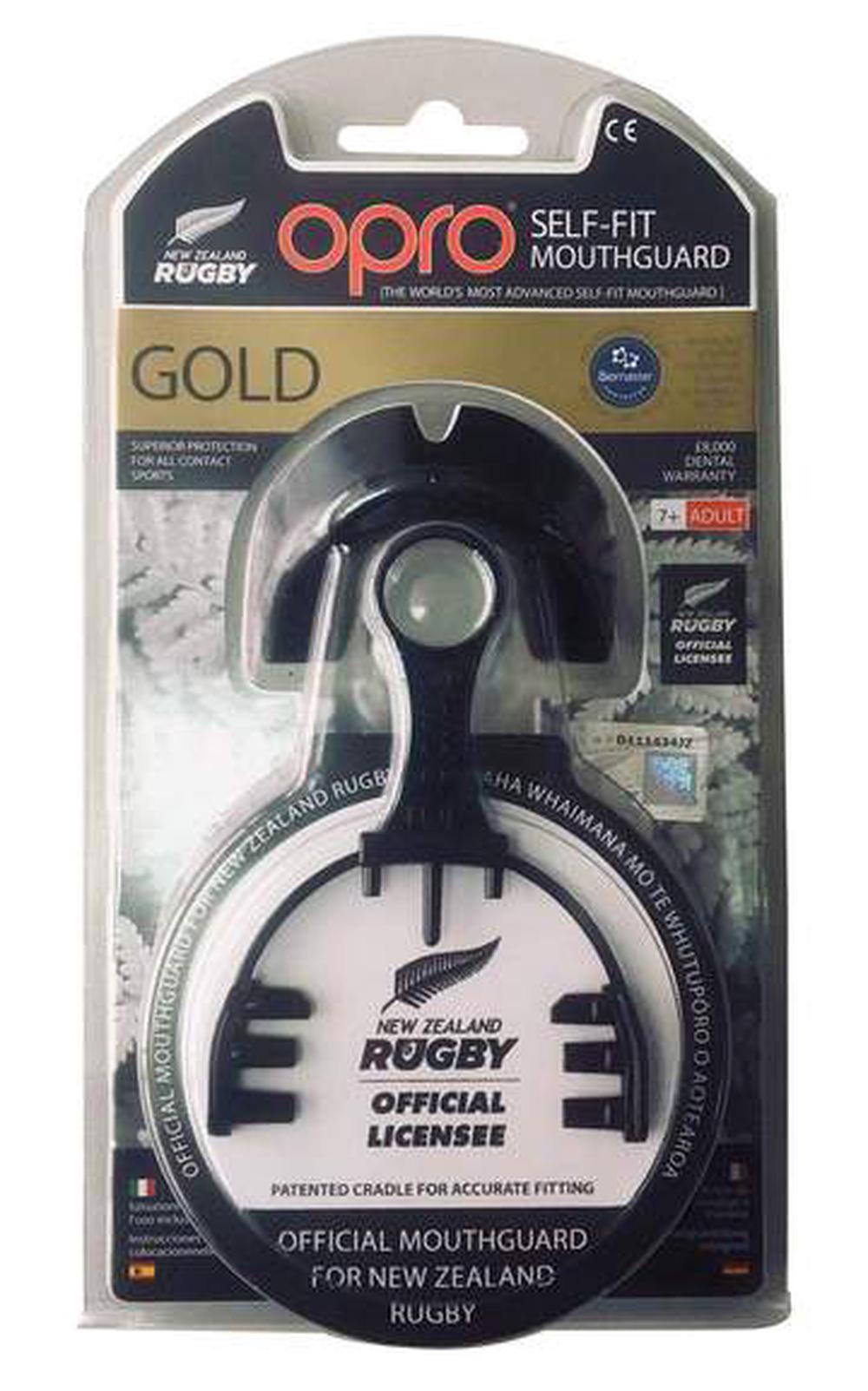 Opro New Zealand Rugby Gold Mouthguard (Black), 0843486006926