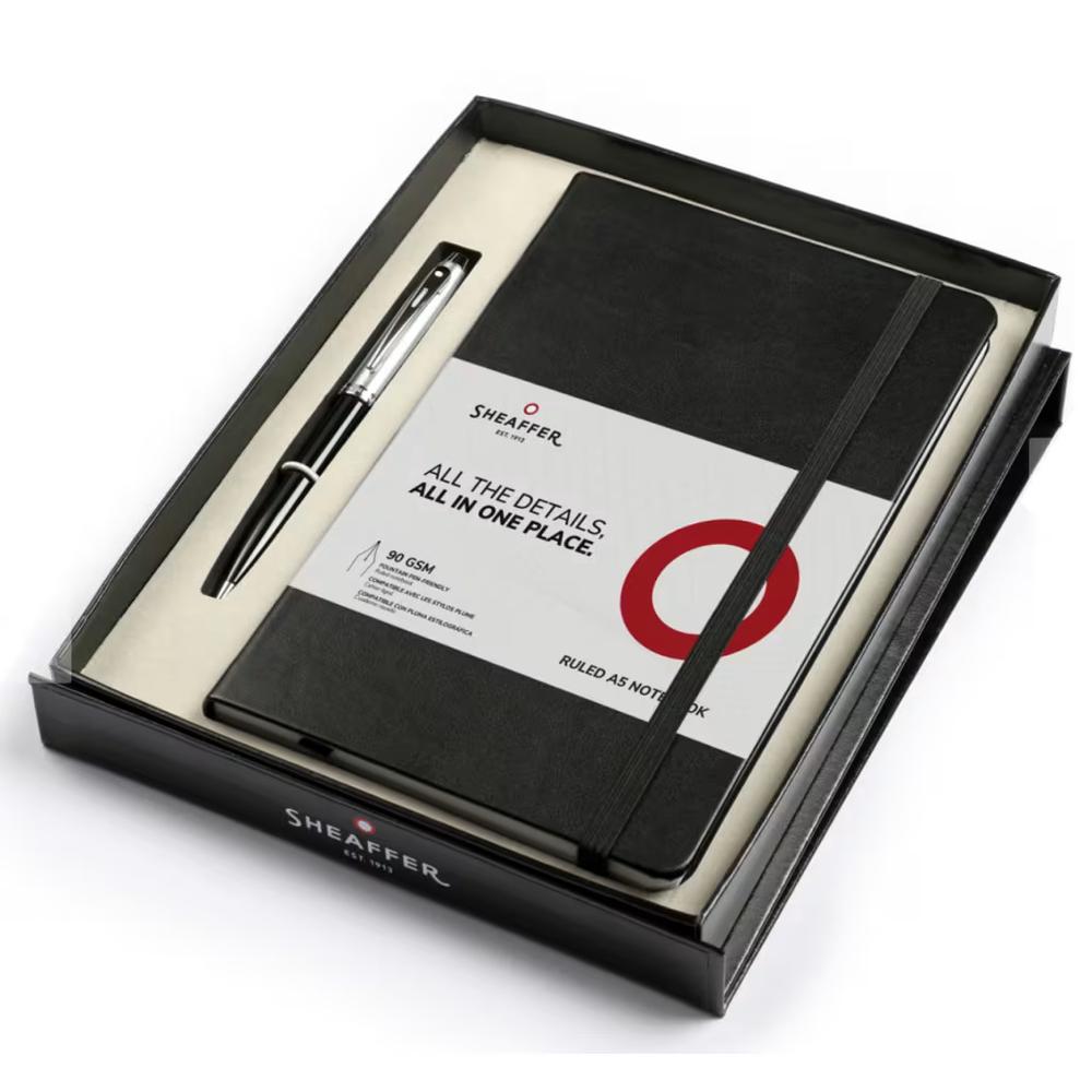 100 Gloss Black Brushed Chrome Ballpoint Pen A5 Notebook, 0880029751158