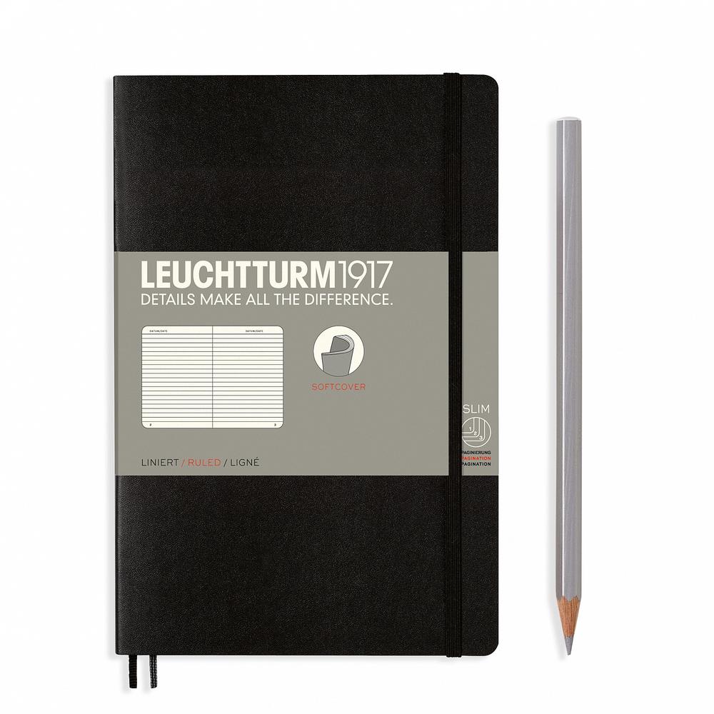 Leuchtturm1917 Notebook Paperback Softcover, Ruled, 123 Numbered Pages (Black) - B6+, 4004117538544