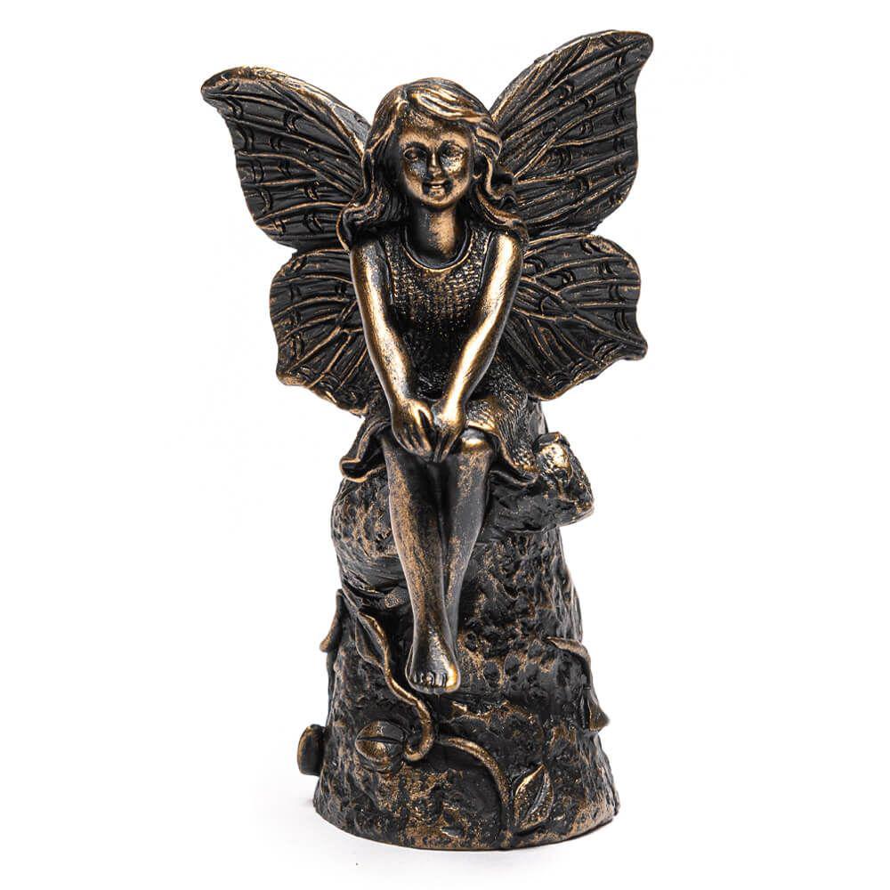 Antique Bronze Fairy Sitting On Tree Stump Topper, 5060733450195