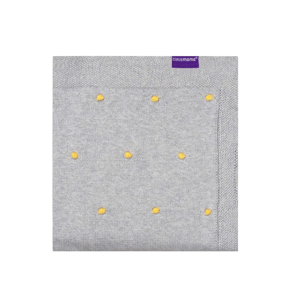 ClevaMama Organic Cotton Knitted Pom Pom Baby Blanket (Grey) 80 x