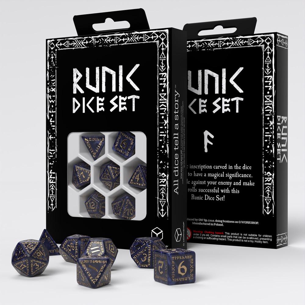Q-Workshop Runic Mixed Blue Gold - Dice Set, 7 Pieces, 5907699497560