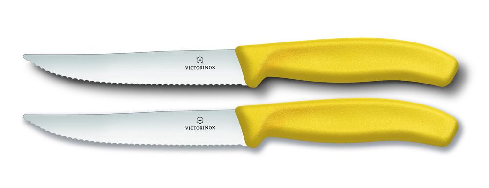 Victorinox Classic Steak & Pizza Knife Wide Blade, Wavy Edge, 2 Piece (Yellow) - 12cm, 7611160043535