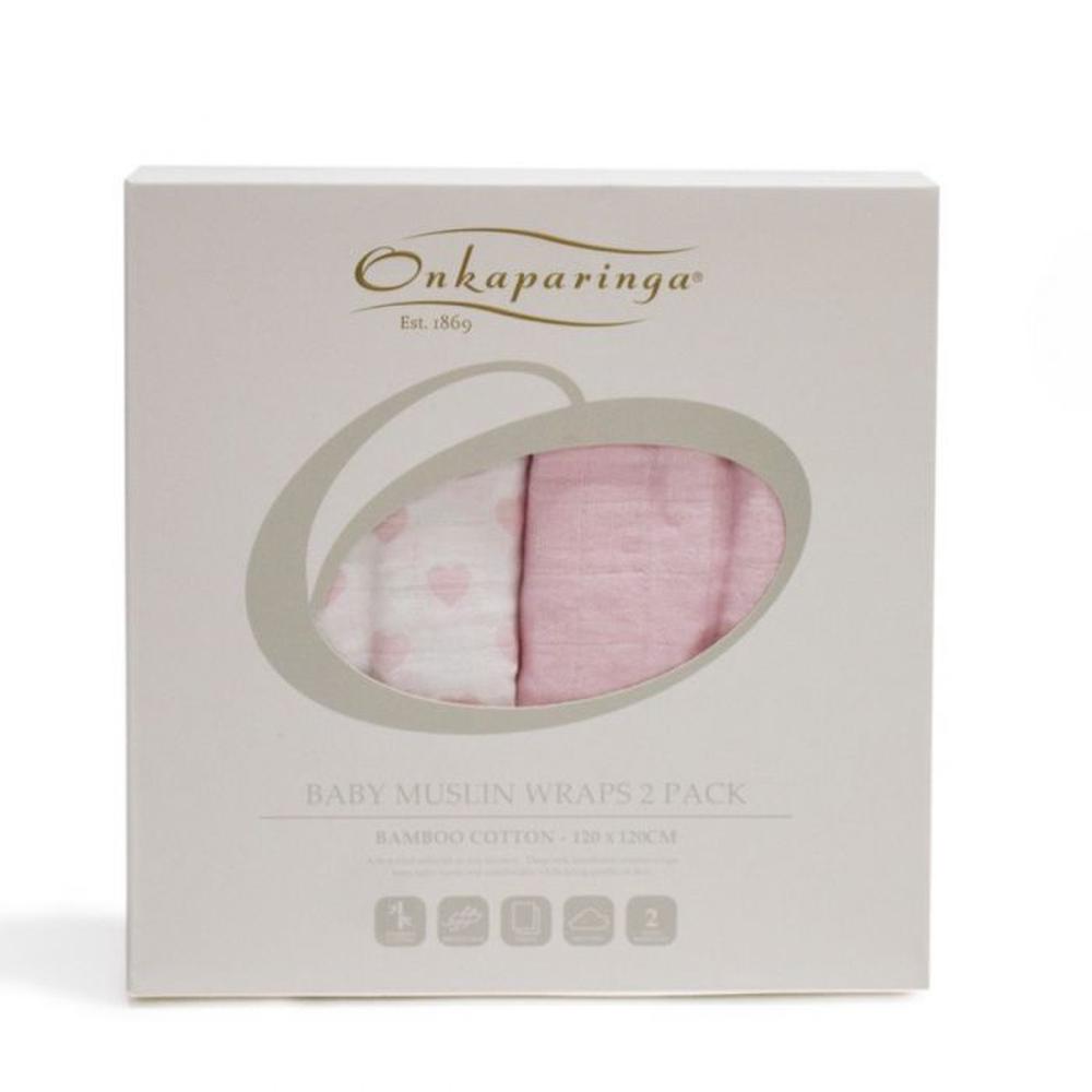 Bamboo Cotton Muslin Printed and Plain Baby Wrap, Pack of 2 (Pink/Hearts), 9313571143047