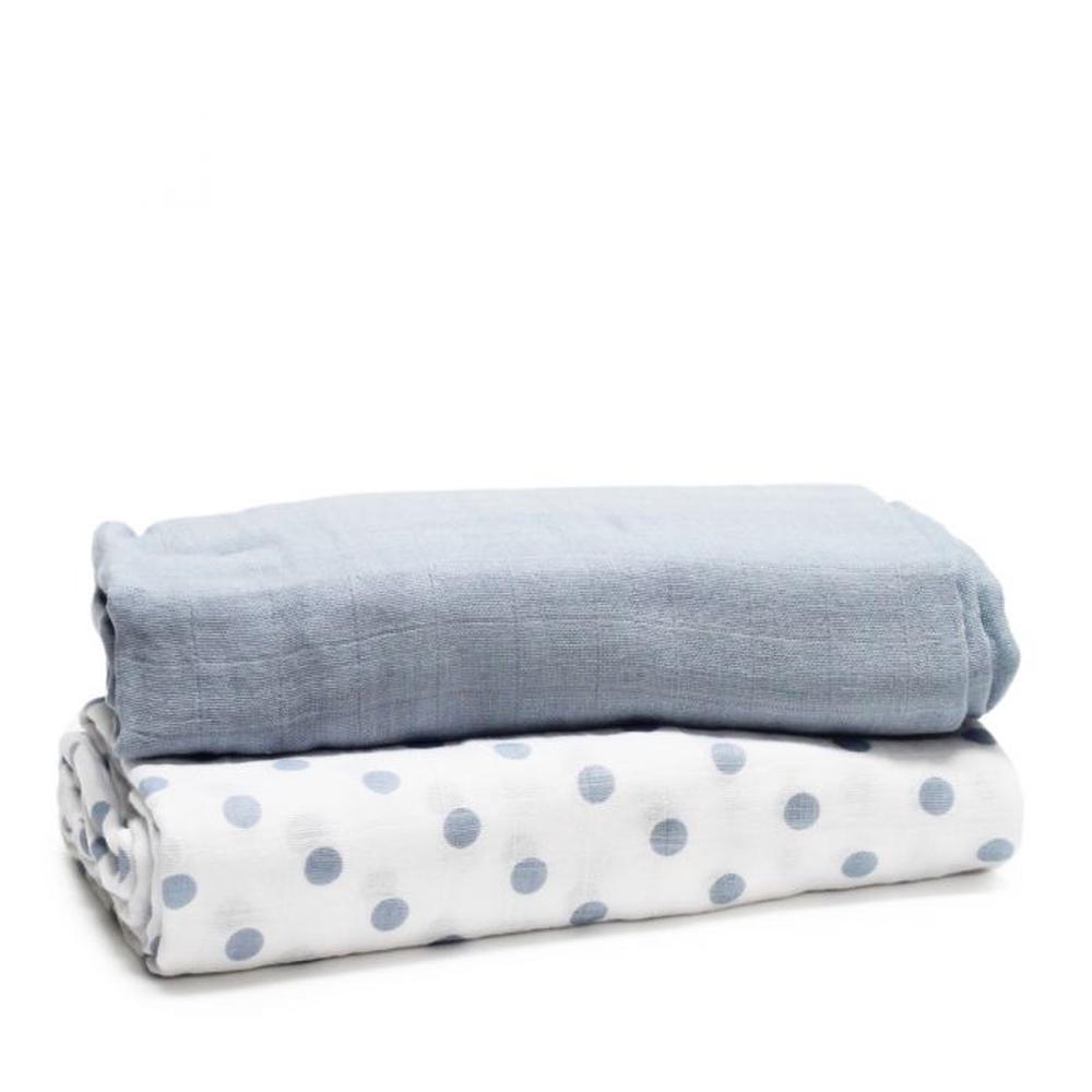 Bamboo Cotton Muslin Printed and Plain Baby Wrap, Pack of 2 (Blue/Dots), 9313571143054
