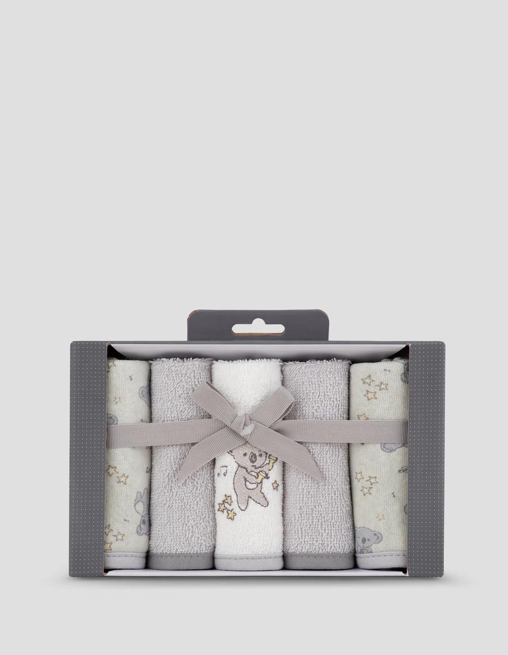 The Little Linen Company Towelling Washer, 5 Pack (Cheeky Koala) - 23x23cm, 9313762014828