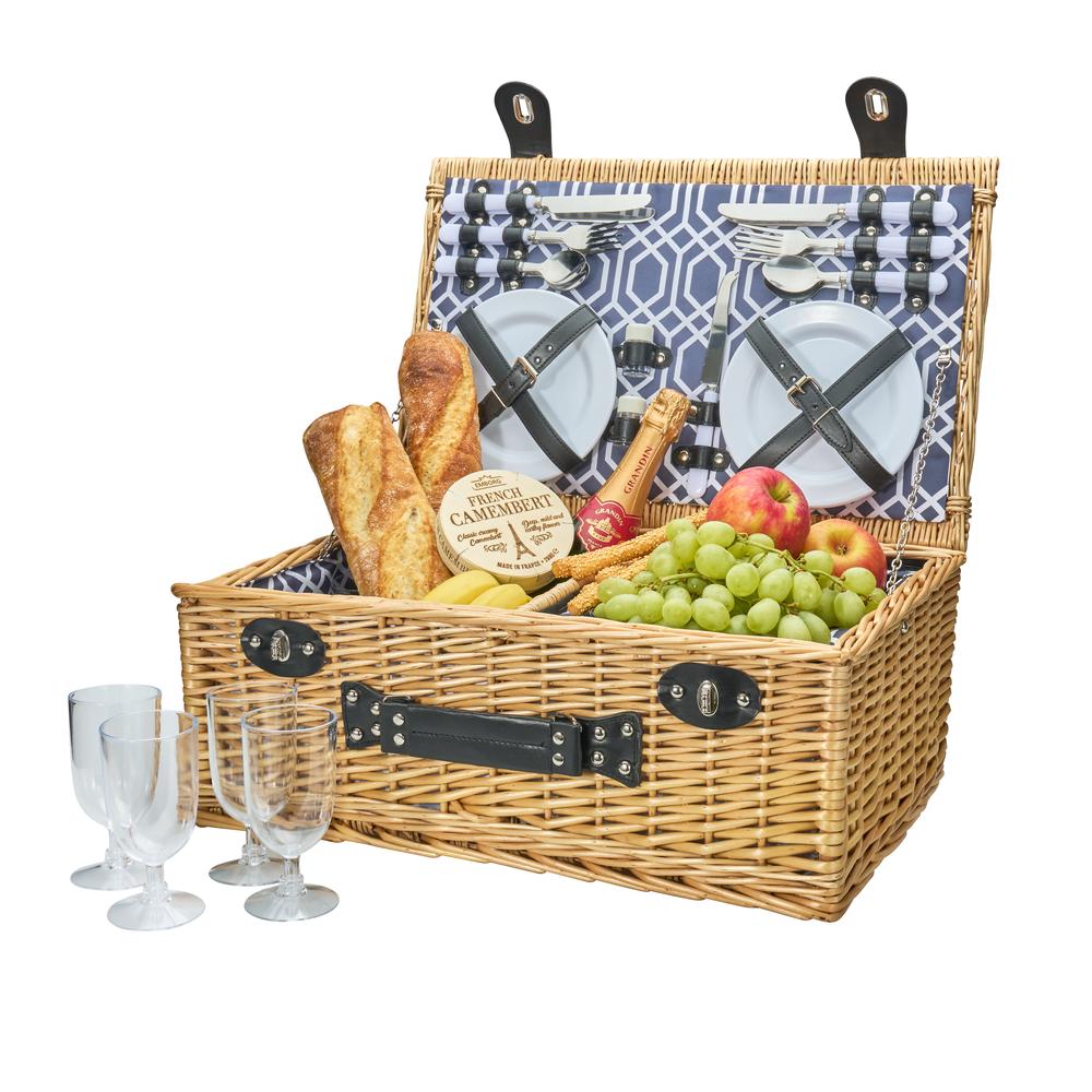 Avanti 4 Person Wicker Picnic Basket - Hamptons Blue Point Pattern Lining, 9313803603844