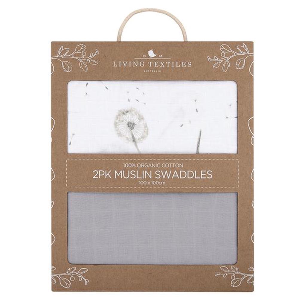 Living Textiles Organic Muslin Swaddle Wrap, 2 Pack (Dandelion/Grey) 100x100cm Buy online at