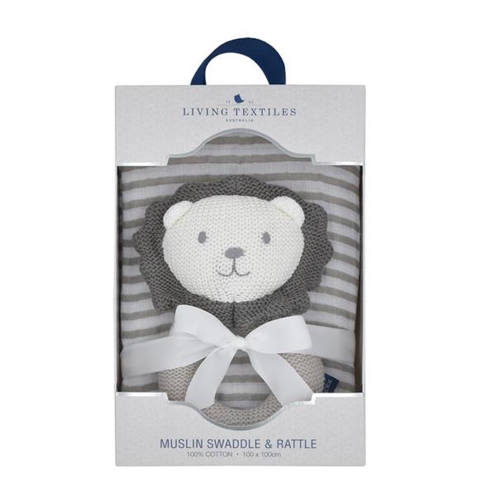 Living Textiles Muslin Swaddle & Rattle Gift Set (Austin The Lion) Buy online at Tiny Fox