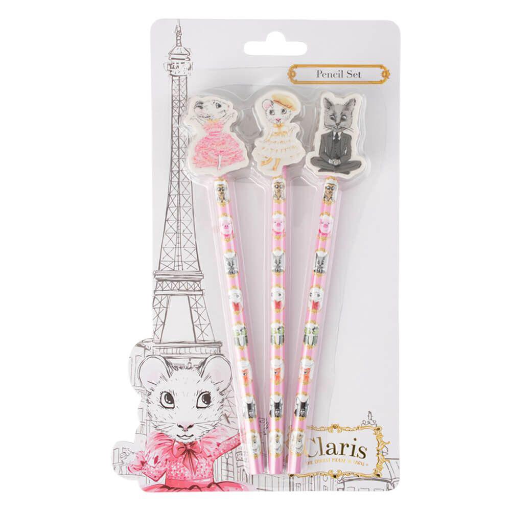 Claris The Chicest Mouse in Paris Claris Pencil Set with Eraser Toppers, 9319057021298