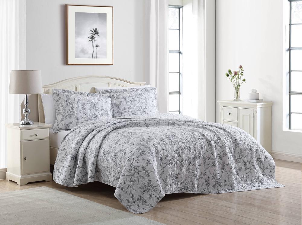 Laura Ashley Branch Toile Printed Coverlet Set (Grey) - Queen/King ...