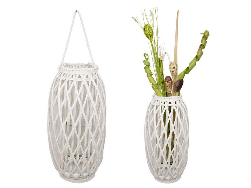 Wicker Plant Holder With Glass Holder (White) - 51cm, 9319844546249
