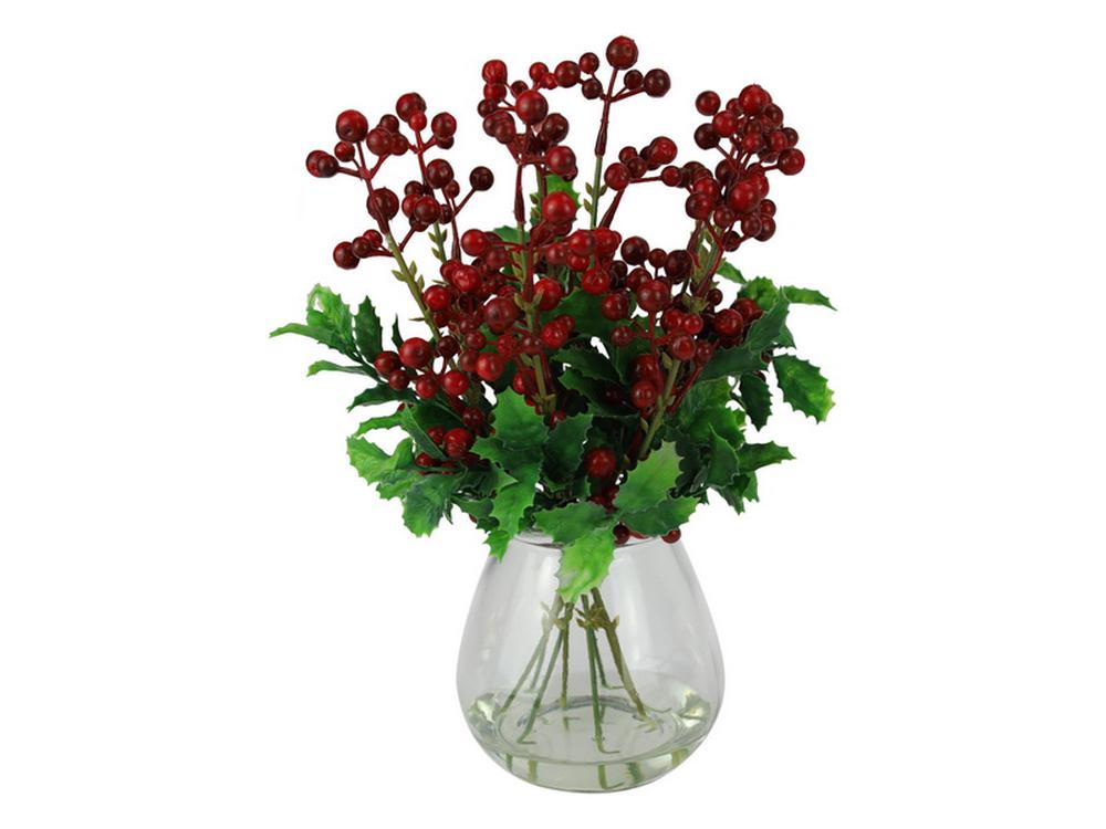 Rolling Hills Homewares Red Berry Floral Arrangement In Glass Vase