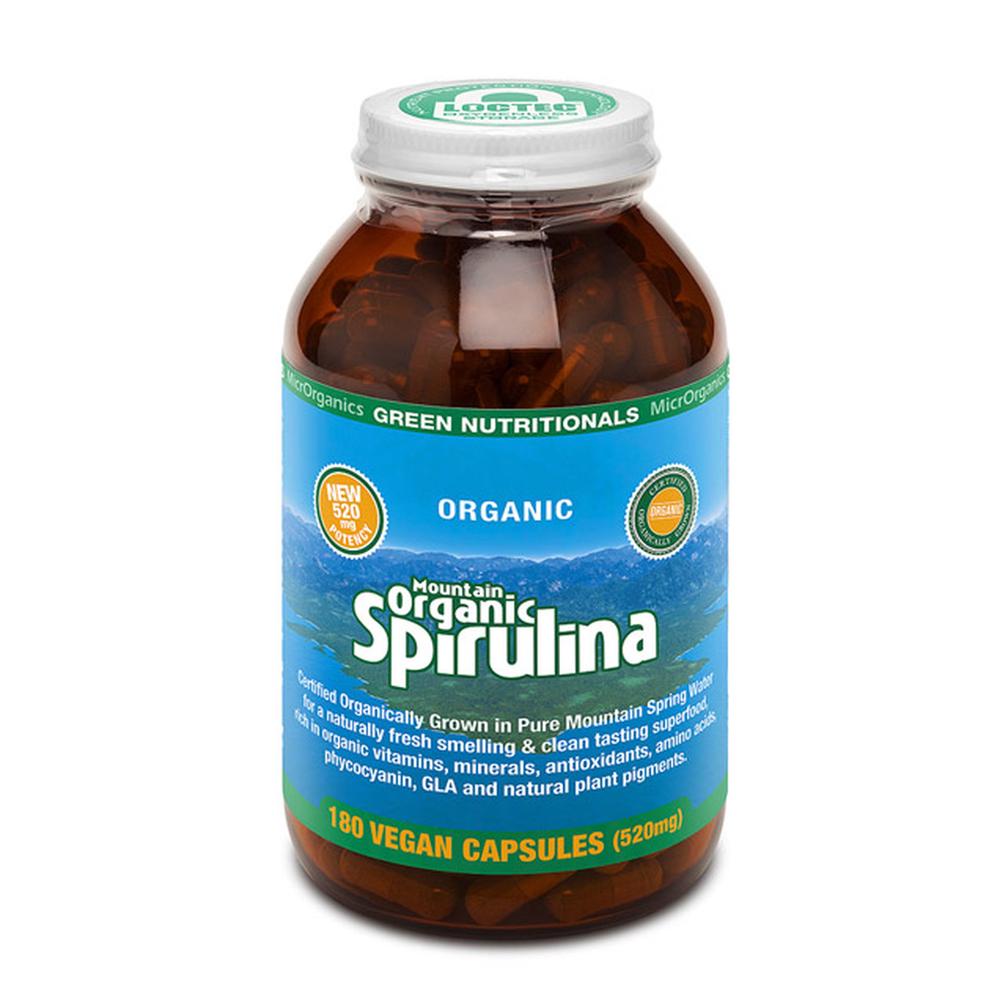 Green Nutritionals Mountain Organic Spirulina Capsules, 180 Caps - 520mg, 9322837007085