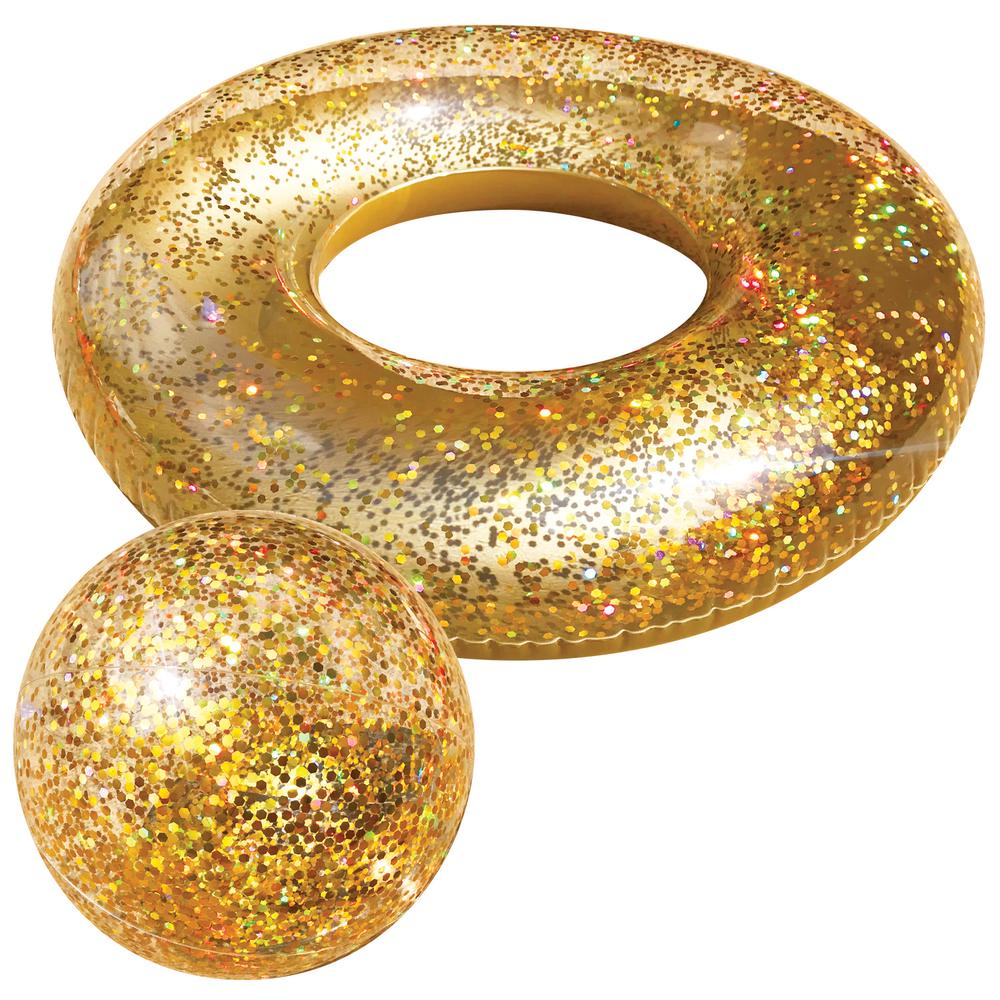 Bling Inflatable Swim Ring and Beach Ball Set (Gold), 9325132072475