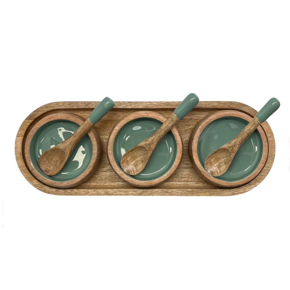 J.Elliot Corinne Serving Tray with Dip Bowls and Spoons (Green & Natural) - 35.5x13x5cm by J.Elliot - ISBN: 9326007035267