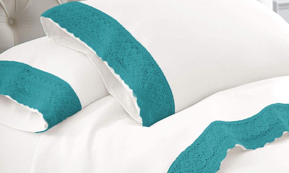 ShangriLa Linen CrochetLace Microfibre Sheet Set (Teal Lace White