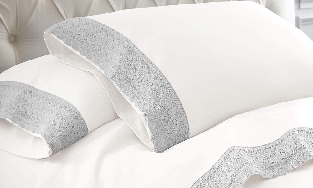 ShangriLa Linen CrochetLace Microfibre Sheet Set (Silver Lace White