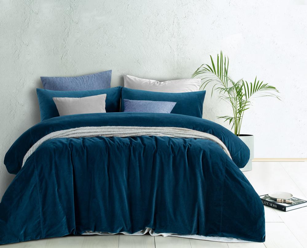 Vintage Design Homeware Cotton Velvet Quilt Cover Set (Riverland Blue) - Super King, 9330275067011