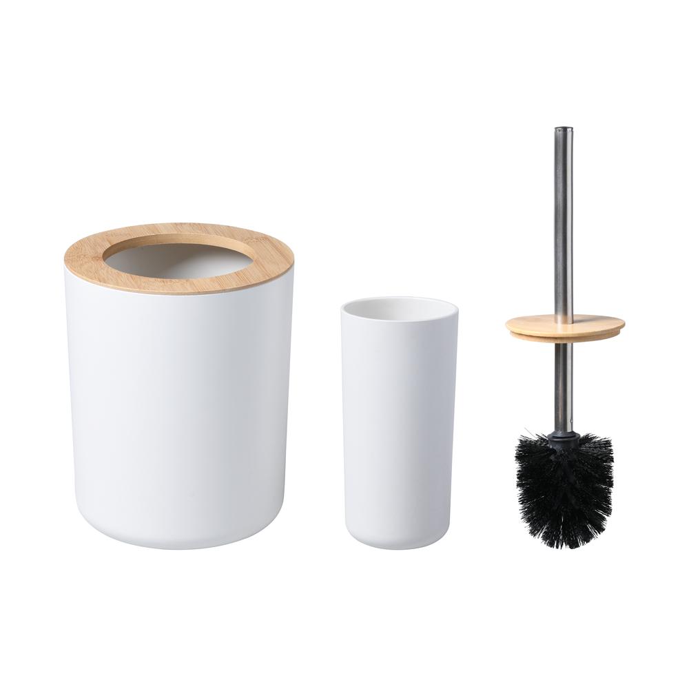 Bamboo Toilet Brusher and Rubbish Bin Set (White), 9347563008649