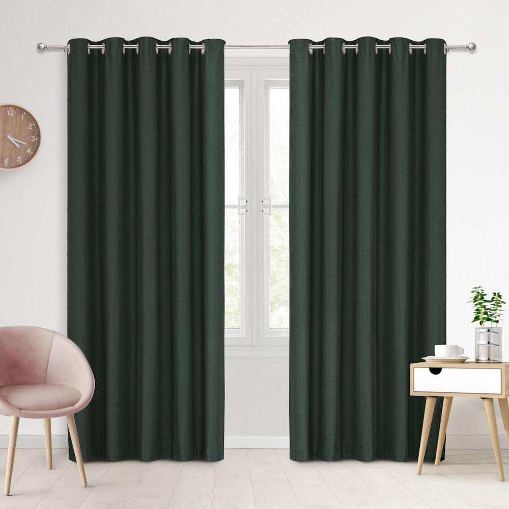 Faux Linen 100% Blockout Eyelet Curtain, Twin Pack (Forest Green), 9347563009905