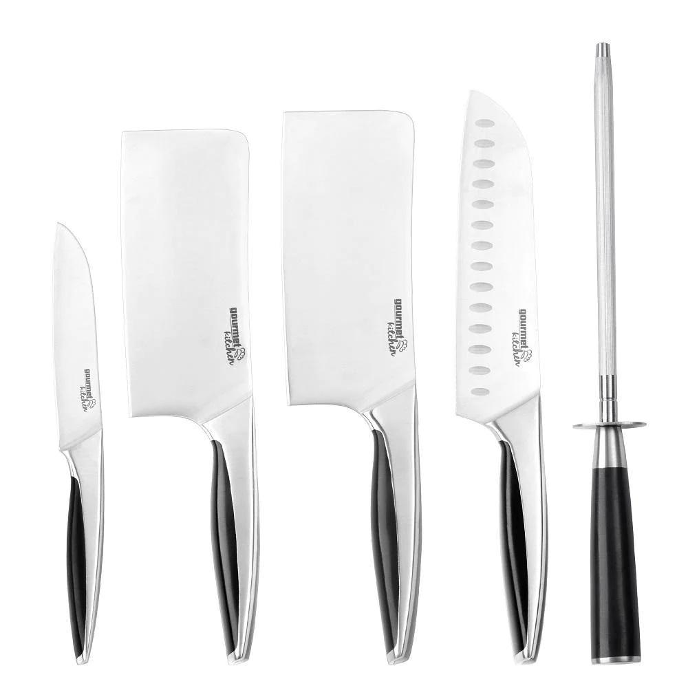 Gourmet Kitchen Stainless Steel Rubber Handle Chef Knife Set with Bamboo Block, 6 Piece (Silver