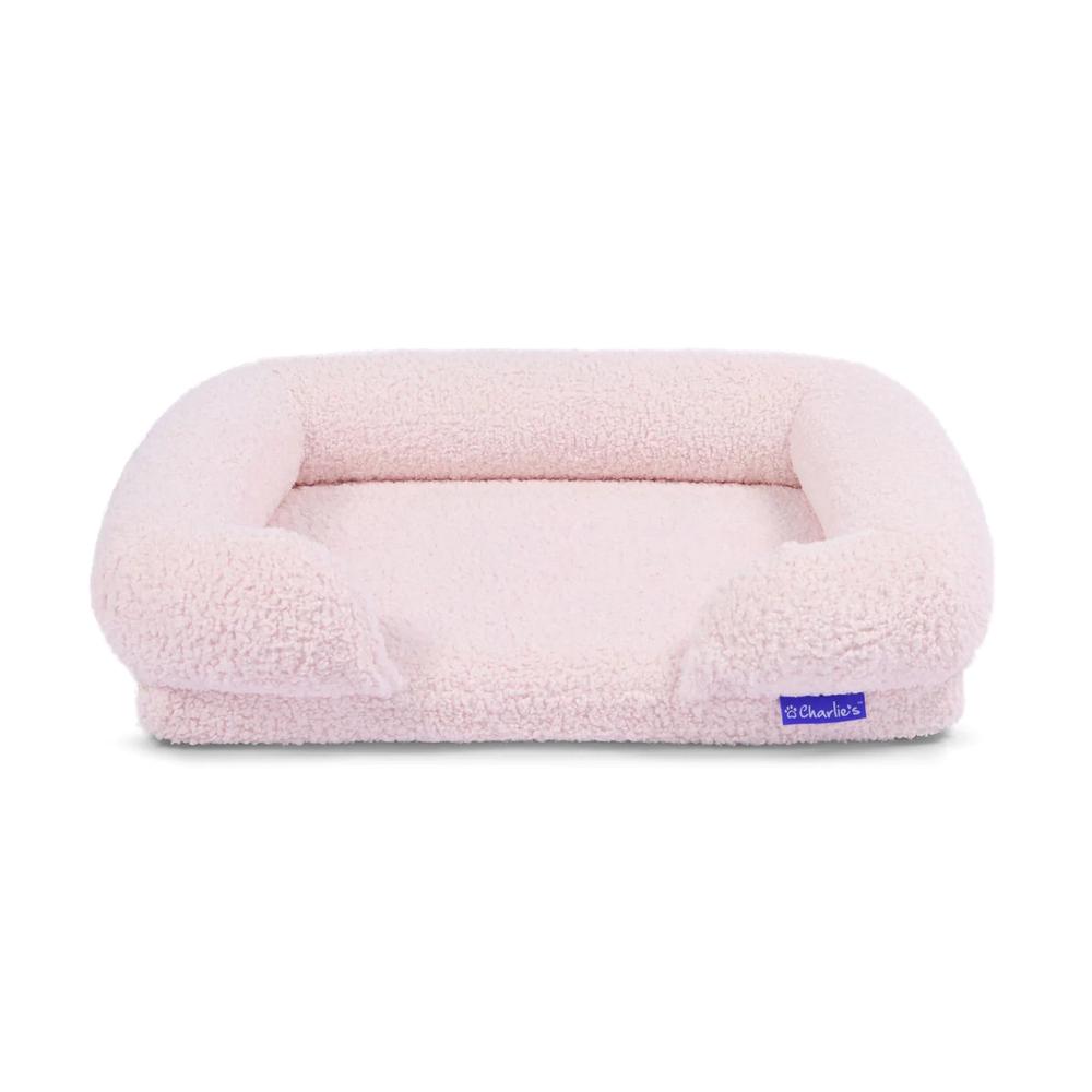 Charlie's Pet Boucle Style Teddy Fleece Memory Foam Sofa Dog Bed with Bolster (Pink) - Large, 9347563011731