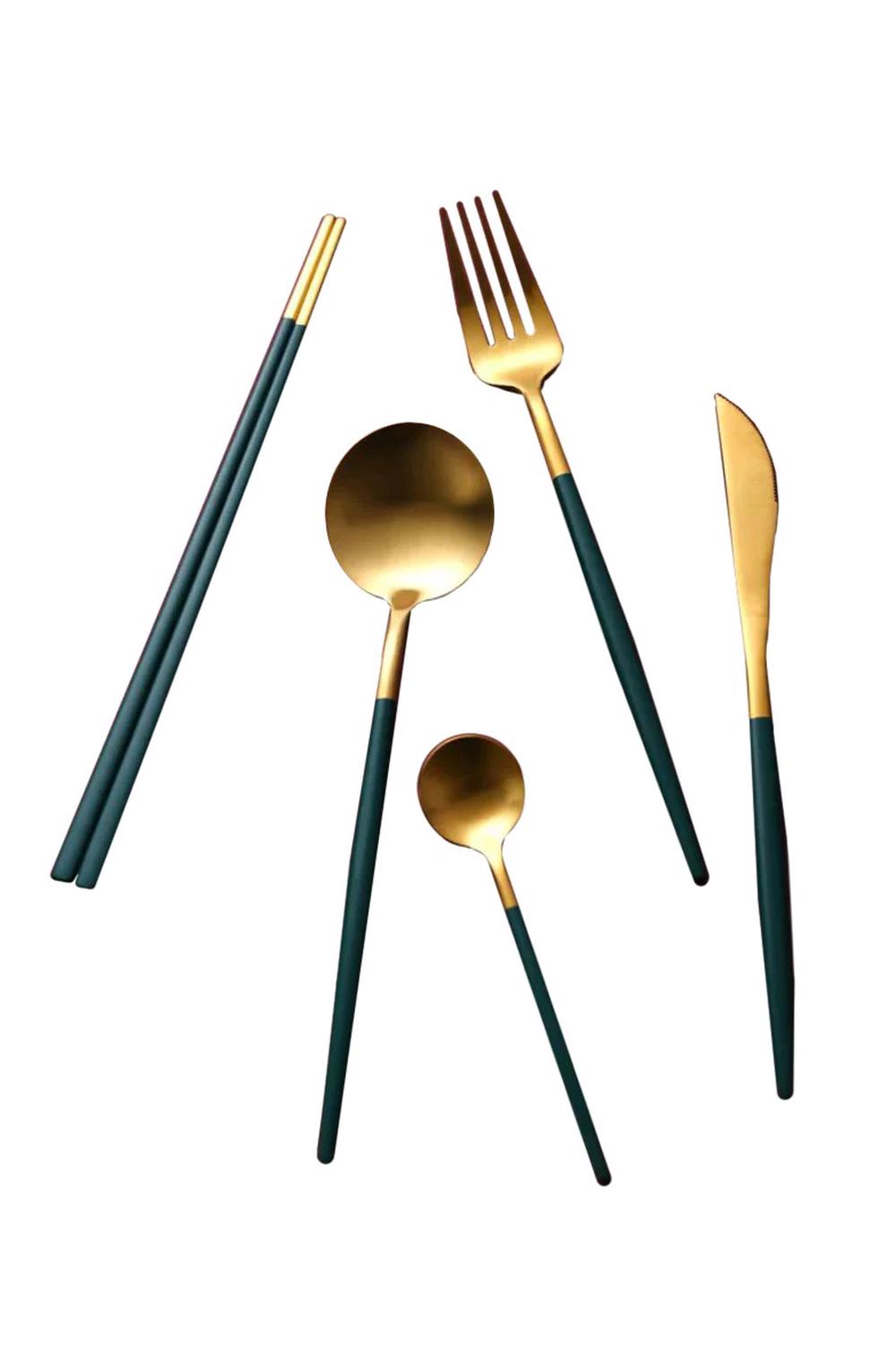 Cadence & Co. Hemingway Matte Cutlery and Chopstick Set, 30 Piece (Green/Gold), 9347563011953