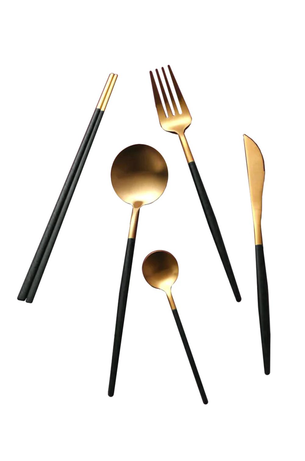 Cadence & Co. Hemingway Matte Cutlery and Chopstick Set, 30 Piece (Black/Gold), 9347563011960