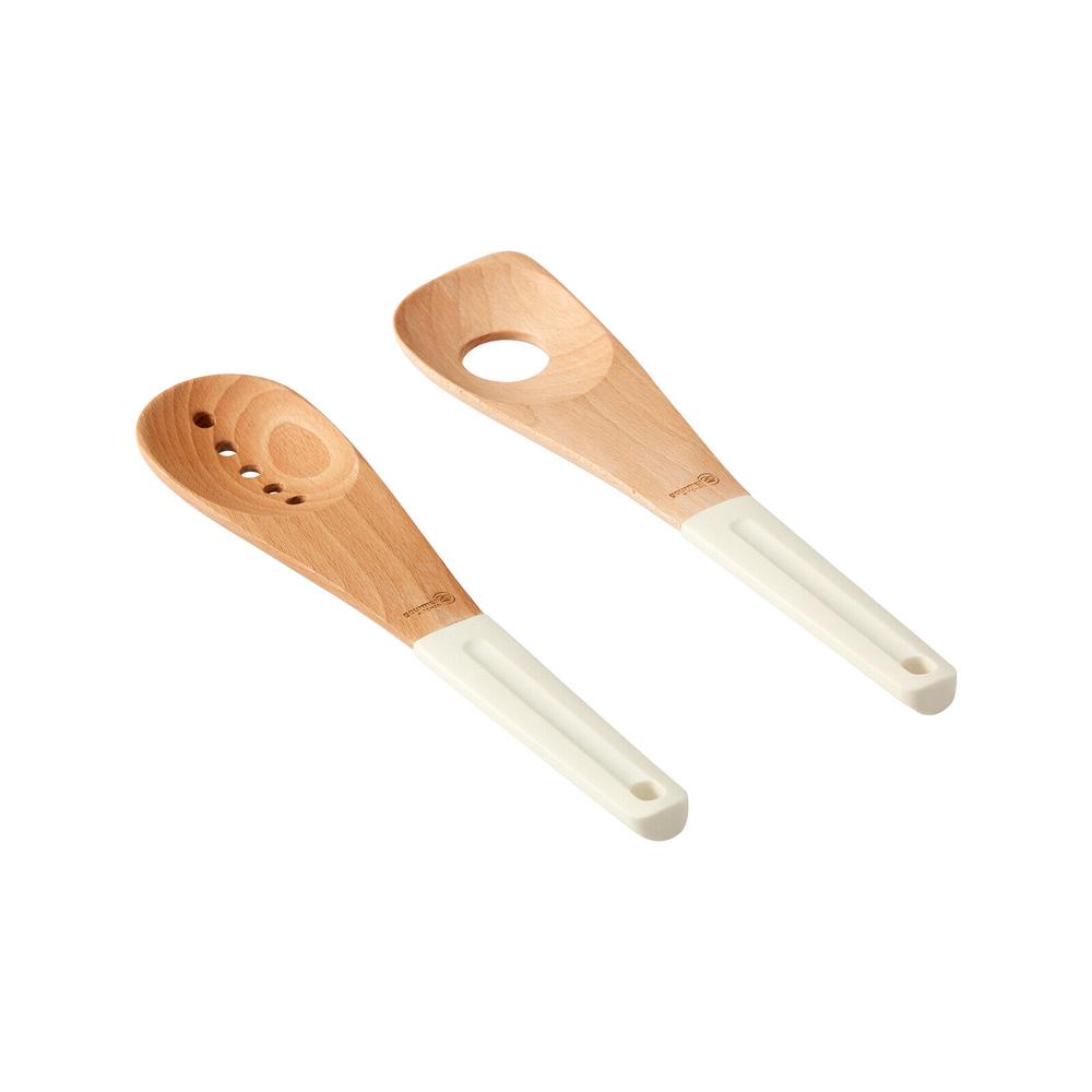 Gourmet Kitchen Modern Beech Wood Spoon Set with Silicone Grip, 2 Piece (White), 9347563032019