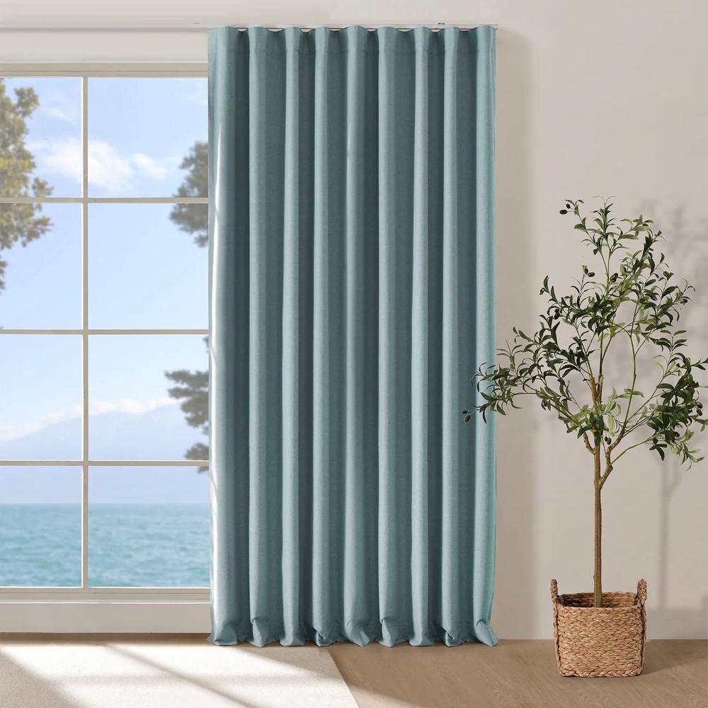 Cadence & Co Bennett Faux Linen Blockout S-Fold Curtain (Dusty Blue) - 385x280cm - Fits 220cm Track, 9347563053137
